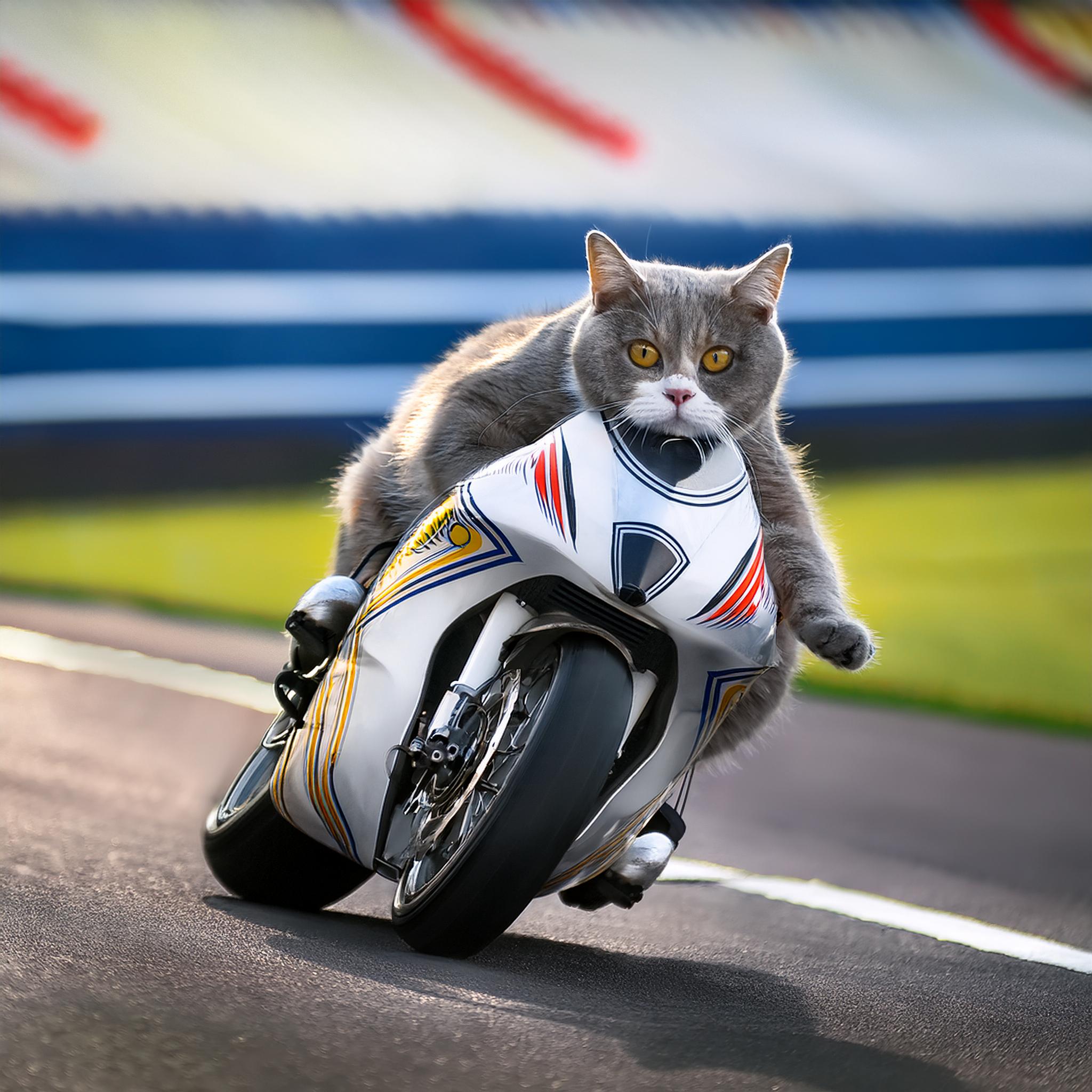 Firefly a grey and white cat riding a ducati racing motorbike on a race track 69189.jpg